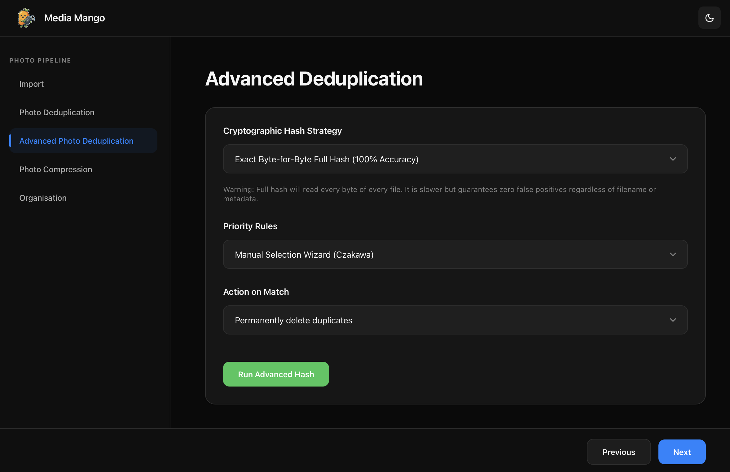 MediaMango advanced cryptographic deduplication settings