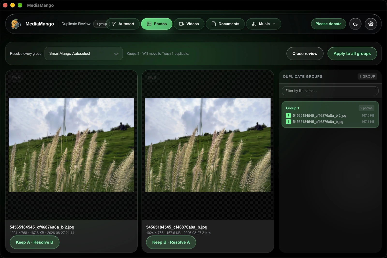 MediaMango photo comparer, dark theme