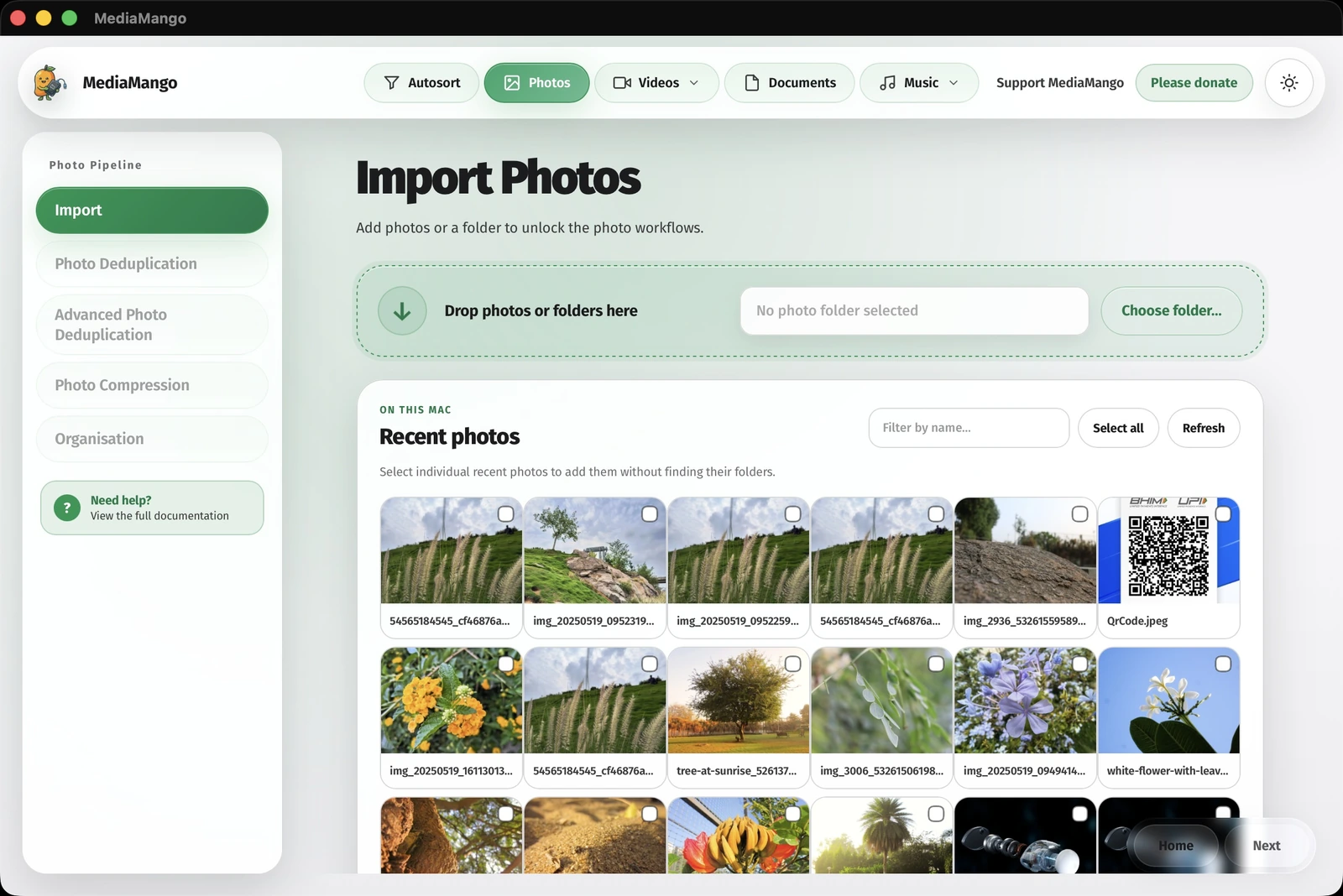 MediaMango photo import page, light theme