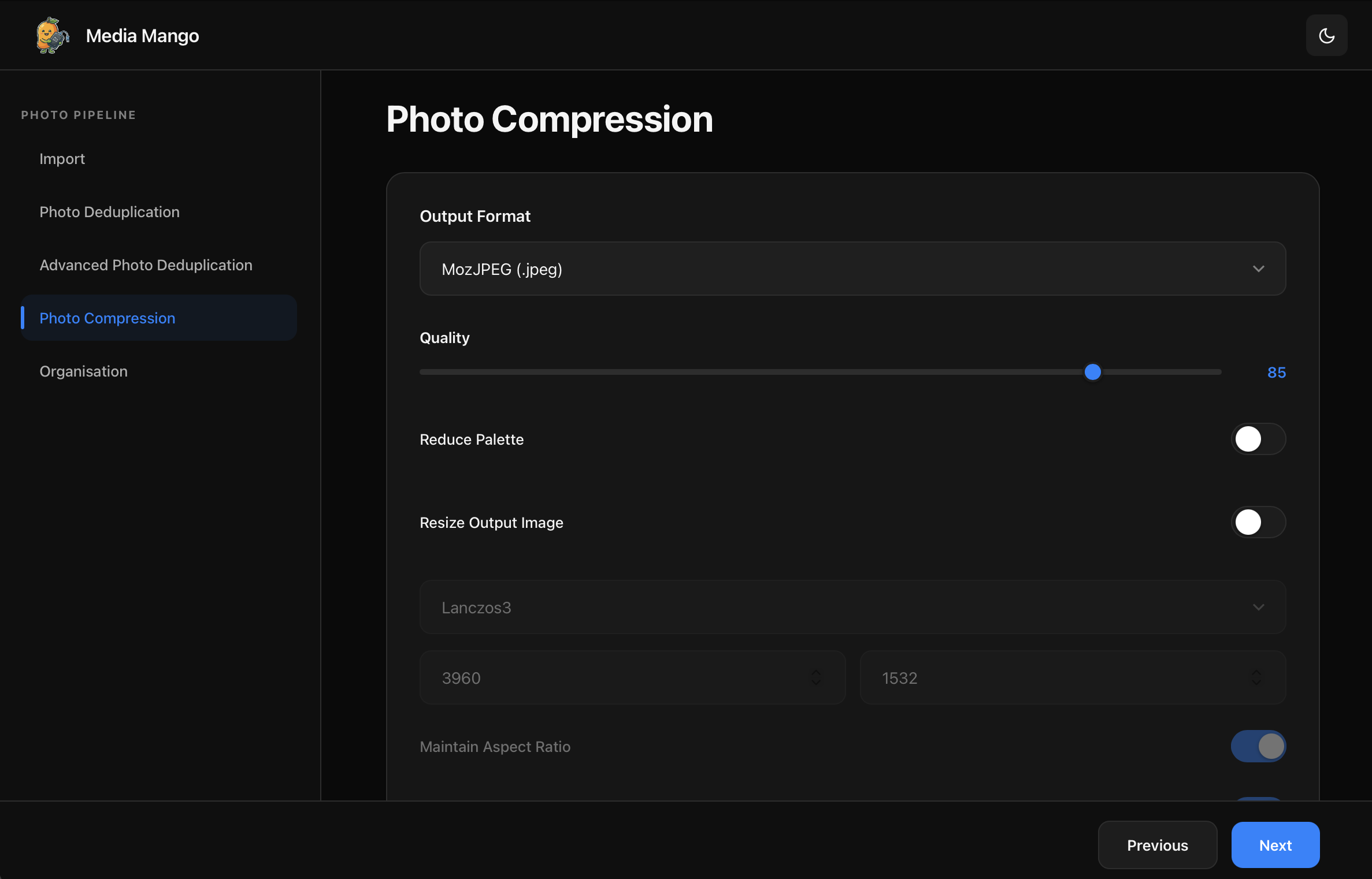 MediaMango photo compression controls
