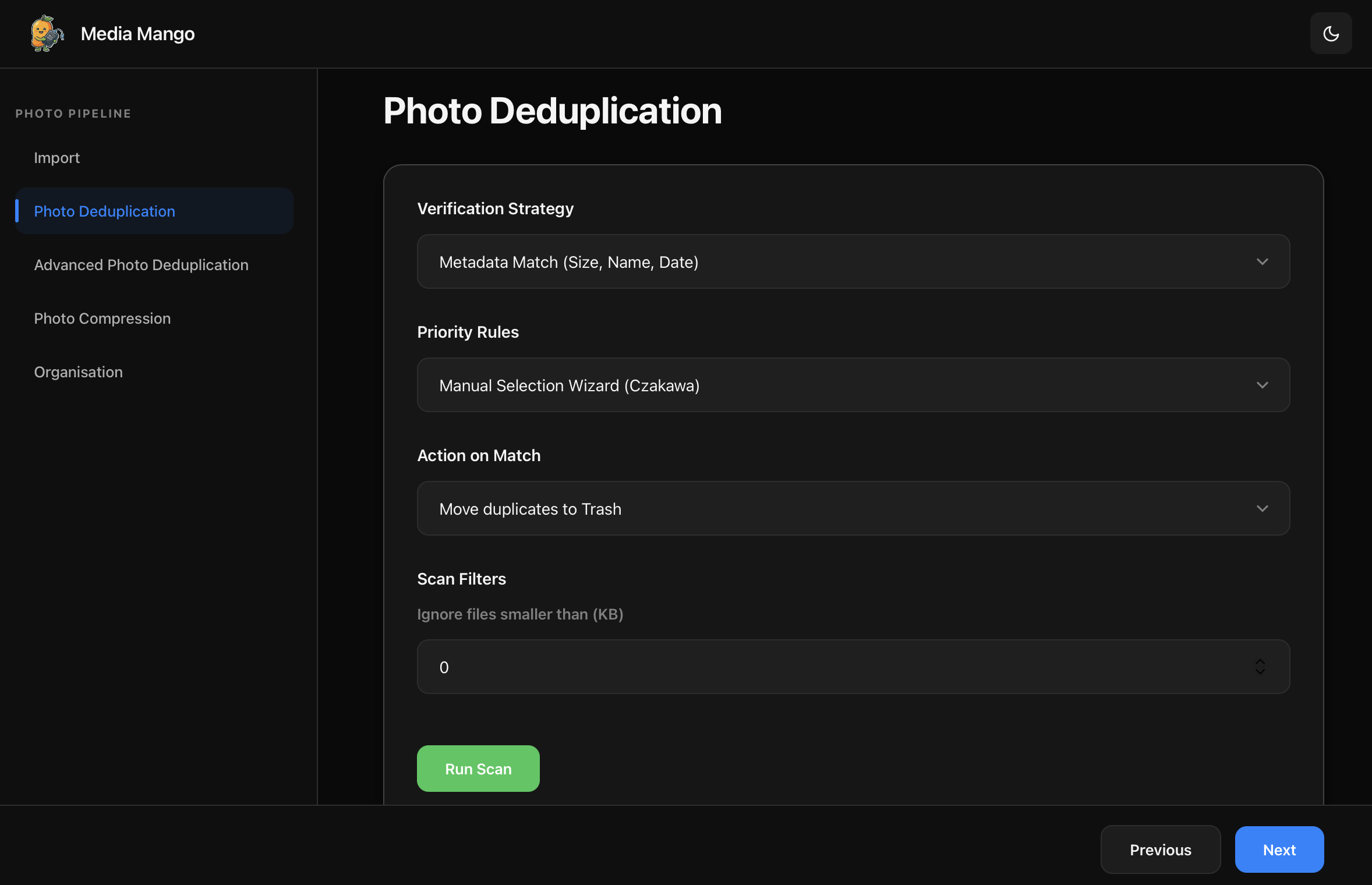 MediaMango photo deduplication settings