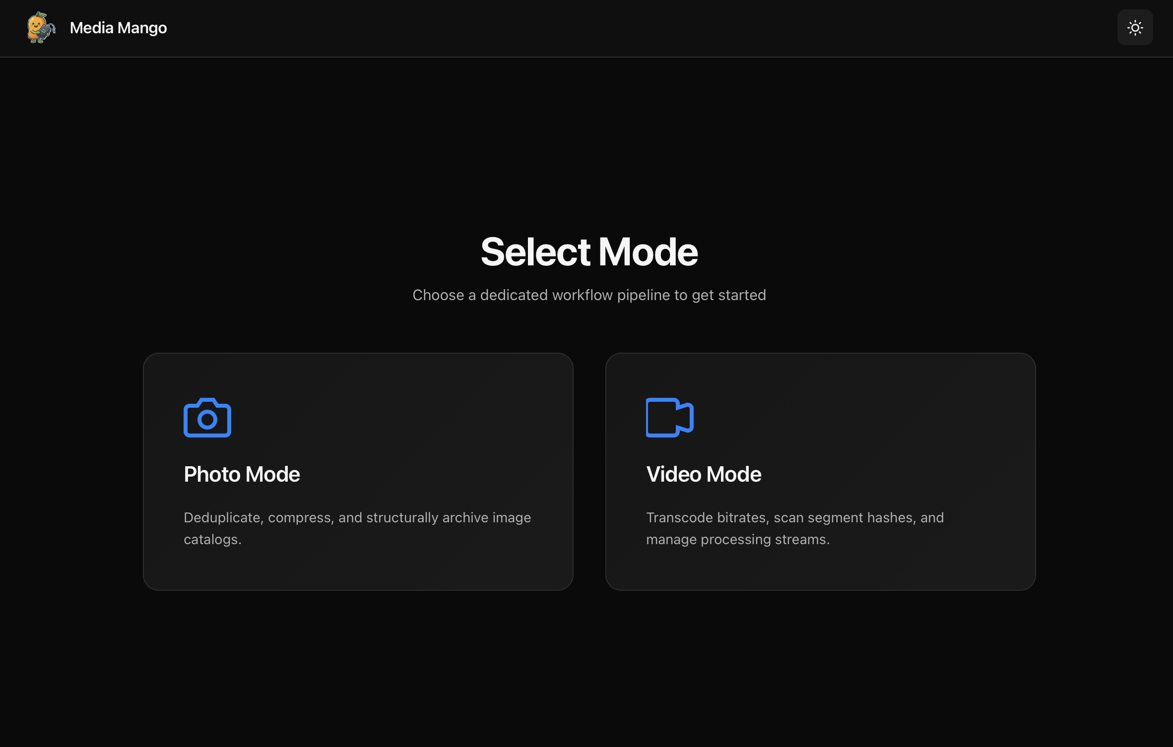 MediaMango mode selection screen with separate photo and video workflows