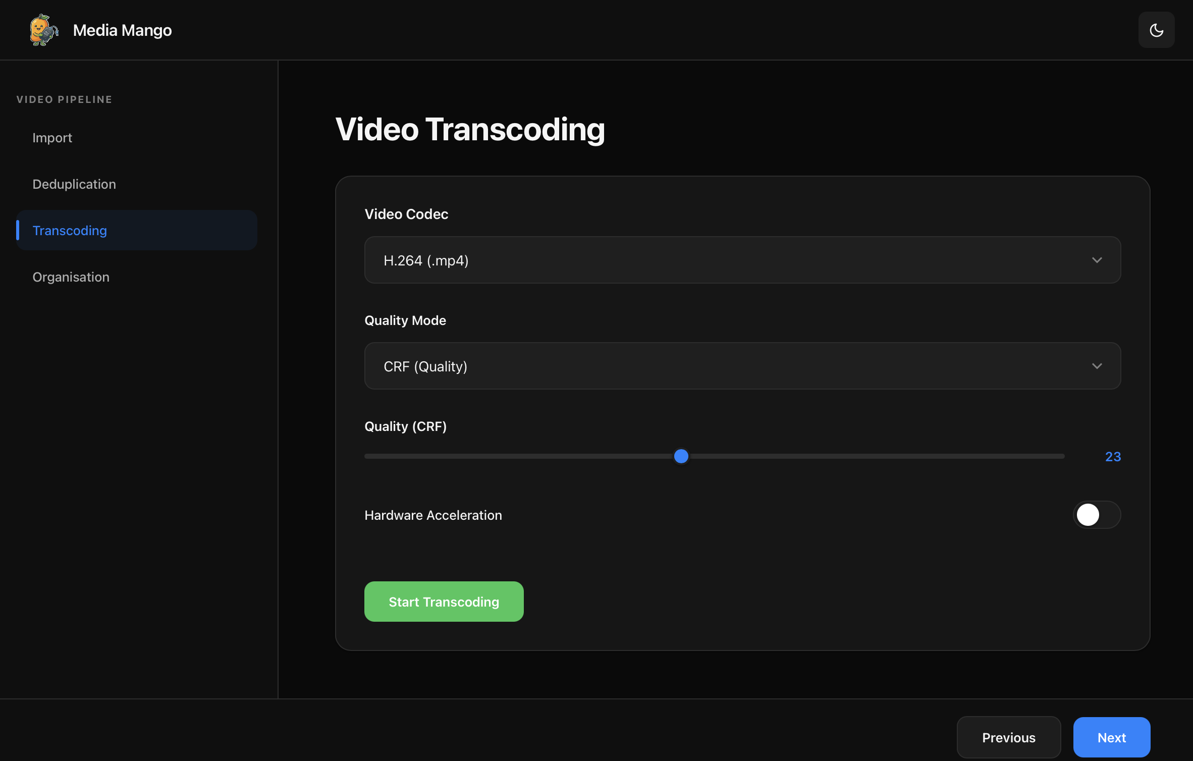 MediaMango video transcoding controls